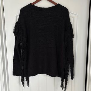Ralph Lauren Black Chunky Knit Cotton Western Fringe Sweater Women Size Medium‎